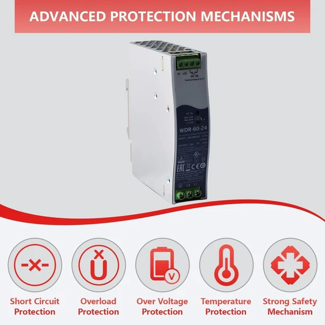 Alt view image 5 of 7 - WDR-60-24 24V 2.5A 60W Industrial Power Supply, Ultra Slim, Wide Input Voltage, for Automation Control