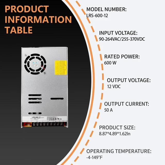 Alt view image 2 of 7 - LRS-600-12 600W 12V 50A AC-DC Switching Power Supply - Designed for Industrial Automation and Mechanical Equipment