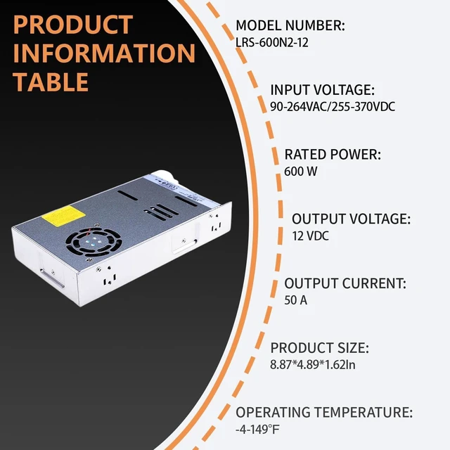 Alt view image 2 of 7 - LRS-600N2-12 600W 12V 50A High Performance Metal Encased Power Supply with 200% Peak Power - Ideal for Industrial Automation
