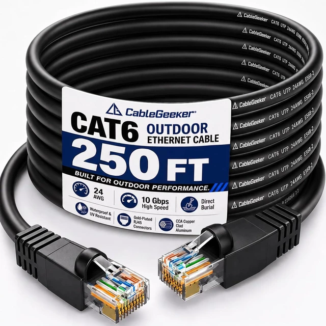 Main image of CableGeeker Cat 6 Outdoor Ethernet Cable, 250 ft, Direct Burial, Black