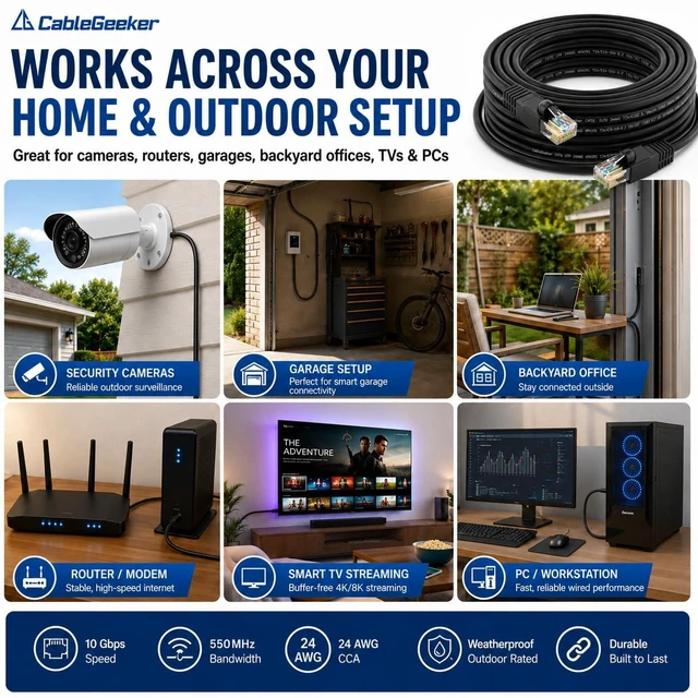 Alt view image 7 of 7 - CableGeeker Cat 6 Outdoor Ethernet Cable, 250 ft, Direct Burial, Black