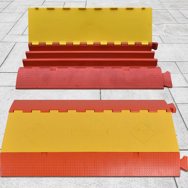 Alt view image 3 of 4 - Orange/Yellow Heavy-Duty PU Cable Protector Ramp, Concave-Convex Interlocking Floor Hose Cord Wire Cable Cover - 6000 Lbs Vehicle Load Capacity (Large 3-Channel)