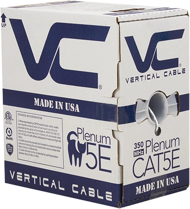 Main image of Vertical Cable CAT5E, 350 MHz, UTP, 24AWG, 8C Solid Bare Copper, Plenum, 1000ft, Bulk Ethernet Cable - Made in USA, White
