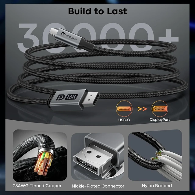 Alt view image 5 of 7 - Reborn USB C to DisplayPort 2.1 Cable 16K, 80Gbps Uni-Directional 10FT