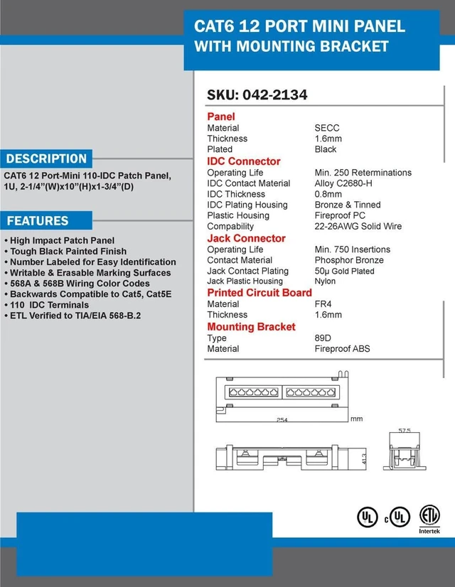 Alt view image 4 of 4 - Vertical Cable Cat6 12 Port Vertical Mini Patch Panel with Mounting Bracket
