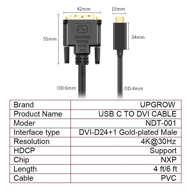 Alt view image 6 of 7 - UPGROW USB-C to DVI Cable - 6FT, Supports 4K@30Hz, Compatible with MacBook Pro, Surface Book 2, Dell XPS 13, Galaxy S10, Monitors, Projectors
