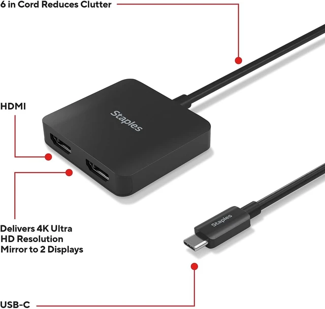 Alt view image 3 of 6 - Staples TECH USB-C to HDMI Adapter Cable, 6 Inch, Male-to-Female