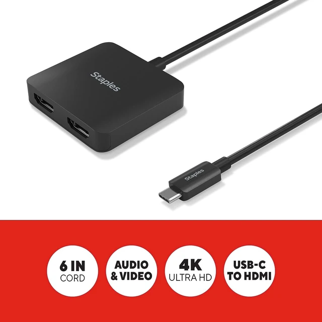 Alt view image 2 of 6 - Staples TECH USB-C to HDMI Adapter Cable, 6 Inch, Male-to-Female