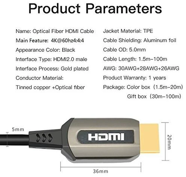Alt view image 2 of 3 - 50 Feet 15meters AOC HDMI Fiber Cable Light High Speed 18.2 Gbps 4K at 60Hz HDMI 2.0 Subsampling 4:4:4 Fiber Optical