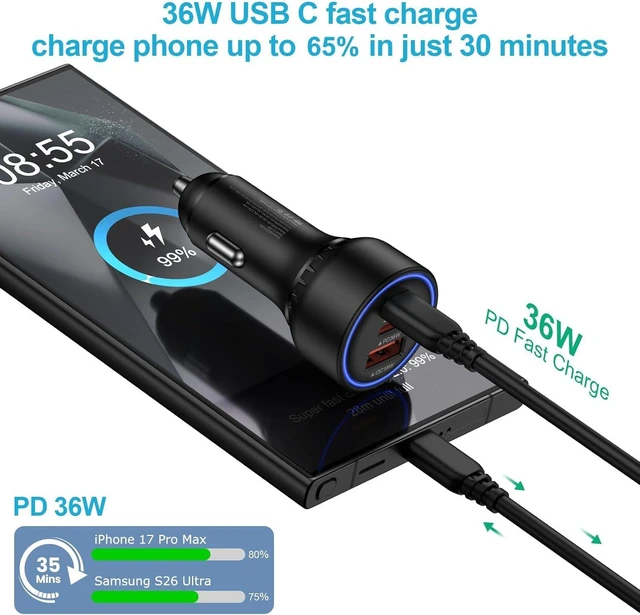 Alt view image 3 of 7 - Multi 3 Ports Fast Car Charger Adapter 12V Auto Vehicle Plug USB C & USB A