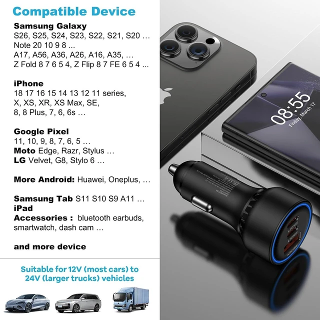 Alt view image 6 of 7 - Multi 3 Ports Fast Car Charger Adapter 12V Auto Vehicle Plug USB C & USB A