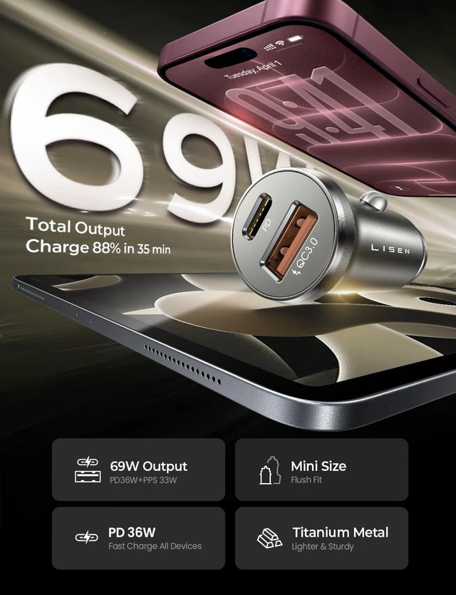 Alt view image 3 of 7 - 69W Mini Cigarette Lighter Adapter Car Charger USB C Fast Charging