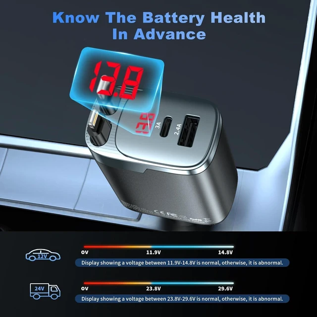 Alt view image 7 of 7 - 84W Retractable Car Charger 4-in-1 Car Charger USB C Fast Charge Adapter