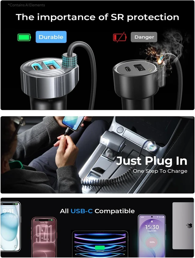 Alt view image 5 of 7 - 90W for iPhone 18 17 16 Pro Max Car Charger USB C Fast Charge