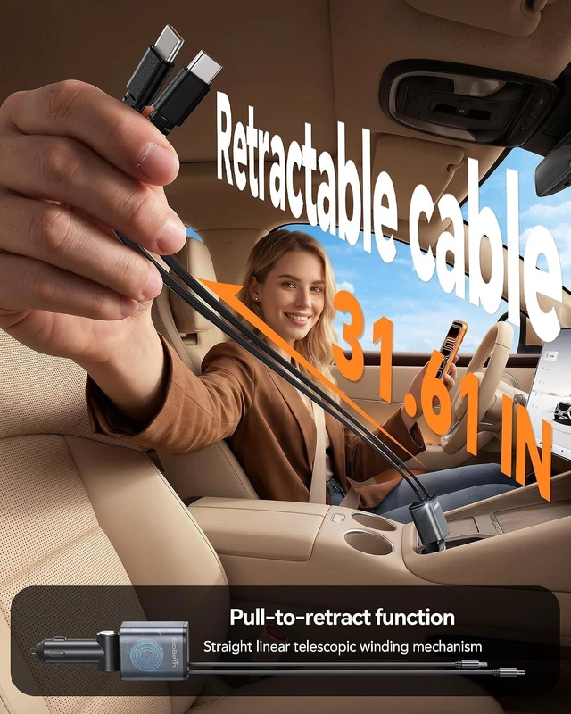 Alt view image 2 of 7 - Retractable Car Charger for iPhone 18 Pro 75W Car Charger USB C Fast Charge