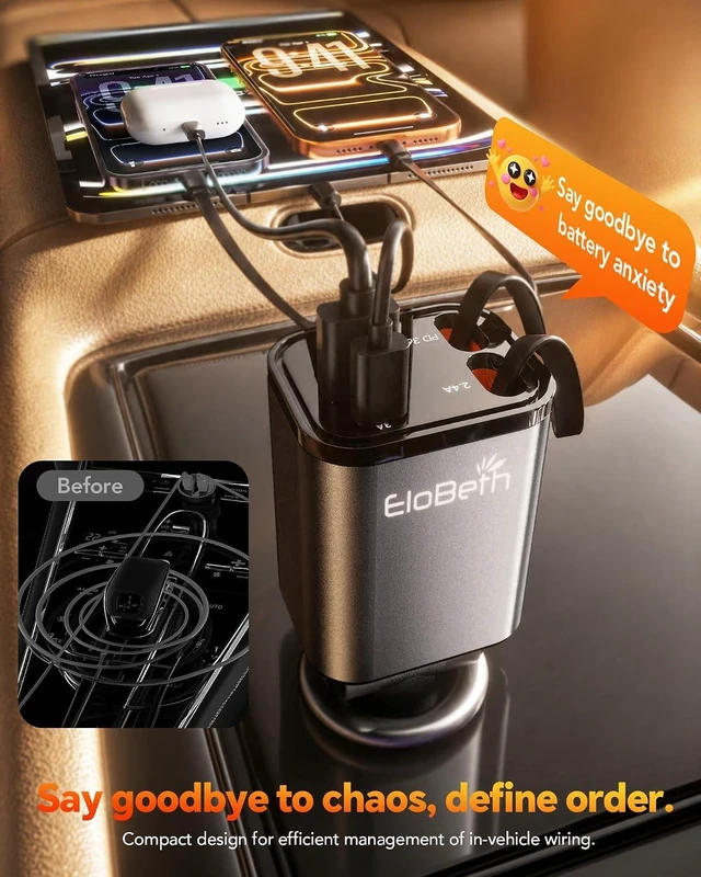 Alt view image 5 of 7 - Retractable Car Charger for iPhone 18 Pro 75W Car Charger USB C Fast Charge
