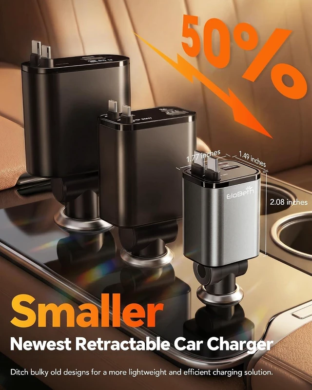 Alt view image 6 of 7 - Retractable Car Charger for iPhone 18 Pro 75W Car Charger USB C Fast Charge
