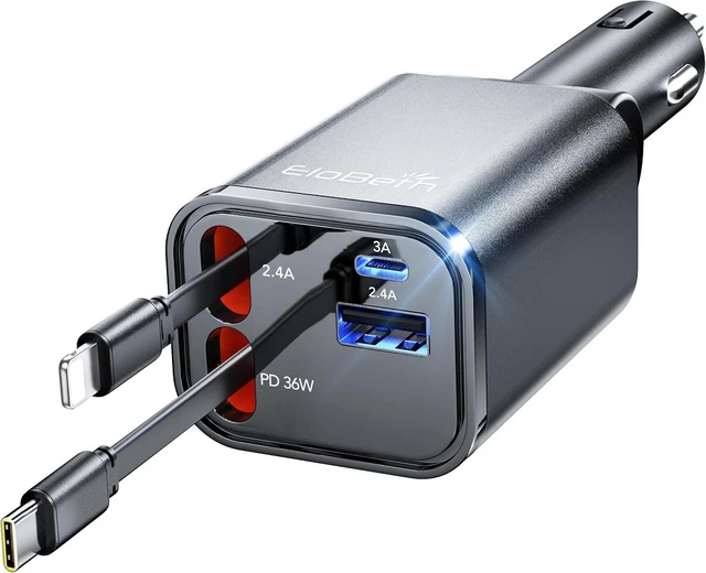 Main image of Retractable Car Charger for iPhone 18 Pro 75W Car Charger USB C Fast Charge