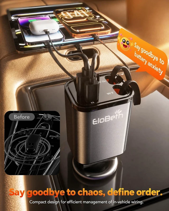 Alt view image 5 of 7 - Retractable Car Charger for iPhone 18 Pro 75W Car Charger USB C Fast Charge