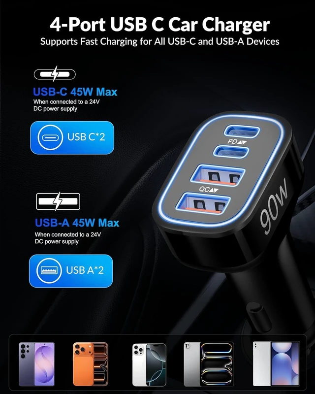 Alt view image 2 of 7 - 90W 4-Port USB C Super Fast Car Charger for Galaxy S26/S25/S24/S23