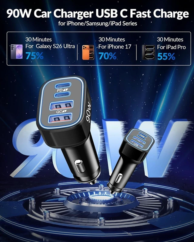 Alt view image 3 of 7 - 90W 4-Port USB C Super Fast Car Charger for Galaxy S26/S25/S24/S23