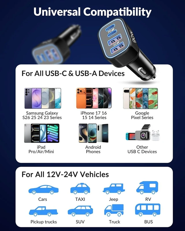Alt view image 4 of 7 - 90W 4-Port USB C Super Fast Car Charger for Galaxy S26/S25/S24/S23