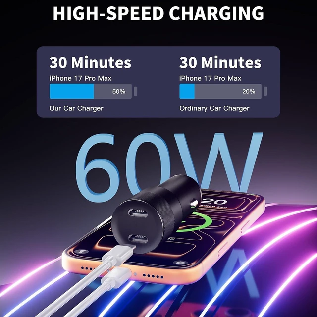 Alt view image 2 of 7 - USB?C Car Charger 2?Pack 60W Dual Fast Charging Cigarette Lighter Adapter