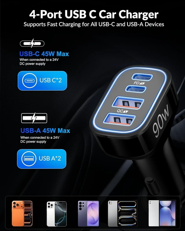 Alt view image 2 of 7 - USB C Car Charger 4-Port 90W Type C Super Fast Cigarette Lighter Adapter