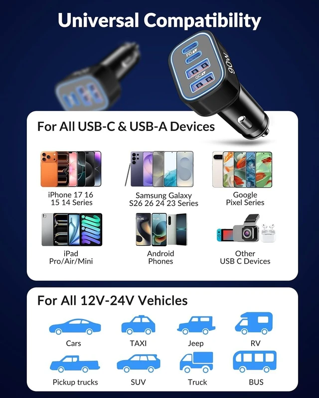 Alt view image 4 of 7 - USB C Car Charger 4-Port 90W Type C Super Fast Cigarette Lighter Adapter