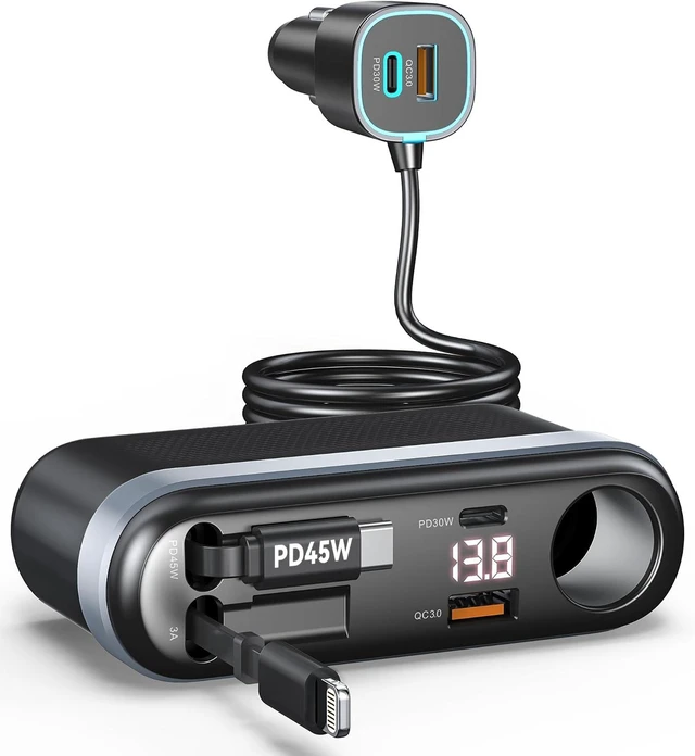 Main image of 7-in-1 295W Retractable Car Charger Adapter Fast Charging USB C Car Accessories with Cigarette Lighter Splitter 45W Type-C & 30W Lightning Cables 4 USB Ports Road Trip Tech Gifts for Men/Dad