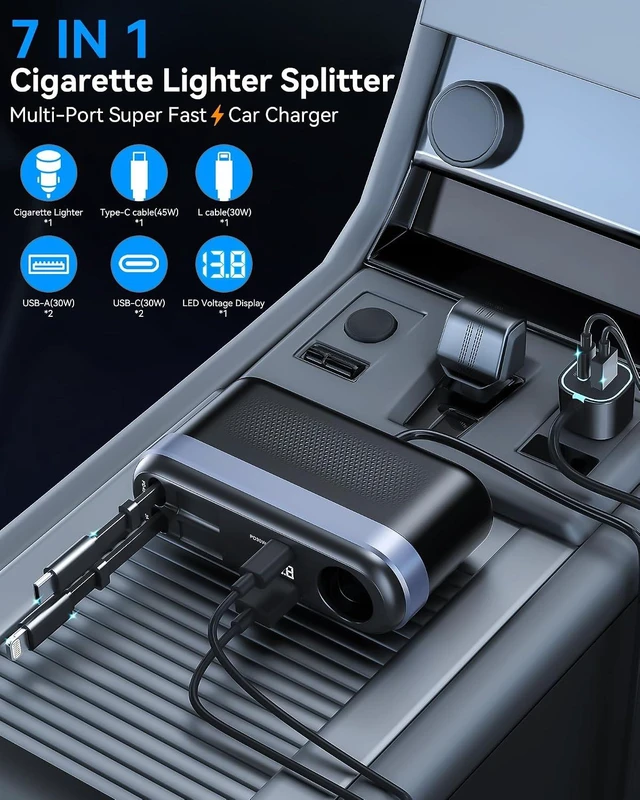 Alt view image 3 of 7 - 7-in-1 295W Retractable Car Charger Adapter Fast Charging USB C Car Accessories with Cigarette Lighter Splitter 45W Type-C & 30W Lightning Cables 4 USB Ports Road Trip Tech Gifts for Men/Dad