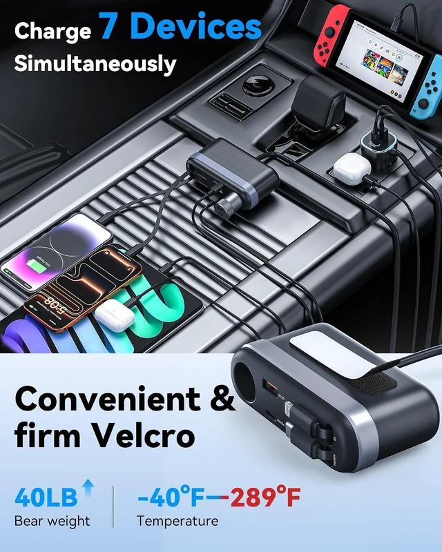 Alt view image 4 of 7 - 7-in-1 295W Retractable Car Charger Adapter Fast Charging USB C Car Accessories with Cigarette Lighter Splitter 45W Type-C & 30W Lightning Cables 4 USB Ports Road Trip Tech Gifts for Men/Dad