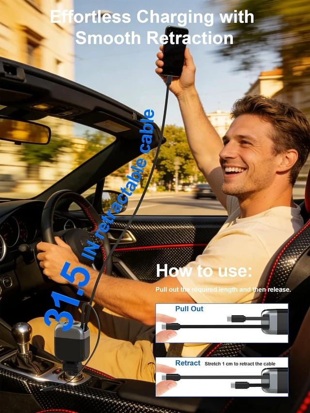 Alt view image 6 of 7 - 170W Dual USB C Retractable Car Charger 4-in-1 Fast Charging Car Adapter