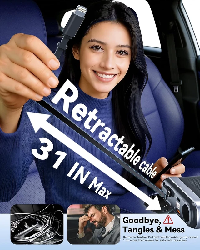 Alt view image 5 of 7 - 7-in-1 295W Retractable Car Charger Adapter Fast Charging USB C Car Accessories with Cigarette Lighter Splitter 45W Type-C & 30W Lightning Cables 4 USB Ports Road Trip Tech Gifts for Men/Dad
