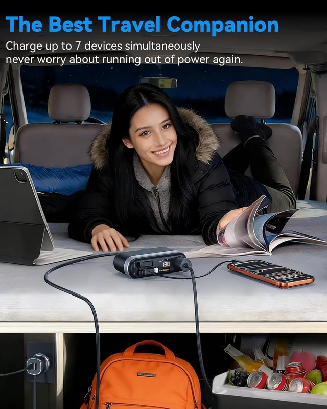 Alt view image 6 of 7 - 7-in-1 295W Retractable Car Charger Adapter Fast Charging USB C Car Accessories with Cigarette Lighter Splitter 45W Type-C & 30W Lightning Cables 4 USB Ports Road Trip Tech Gifts for Men/Dad