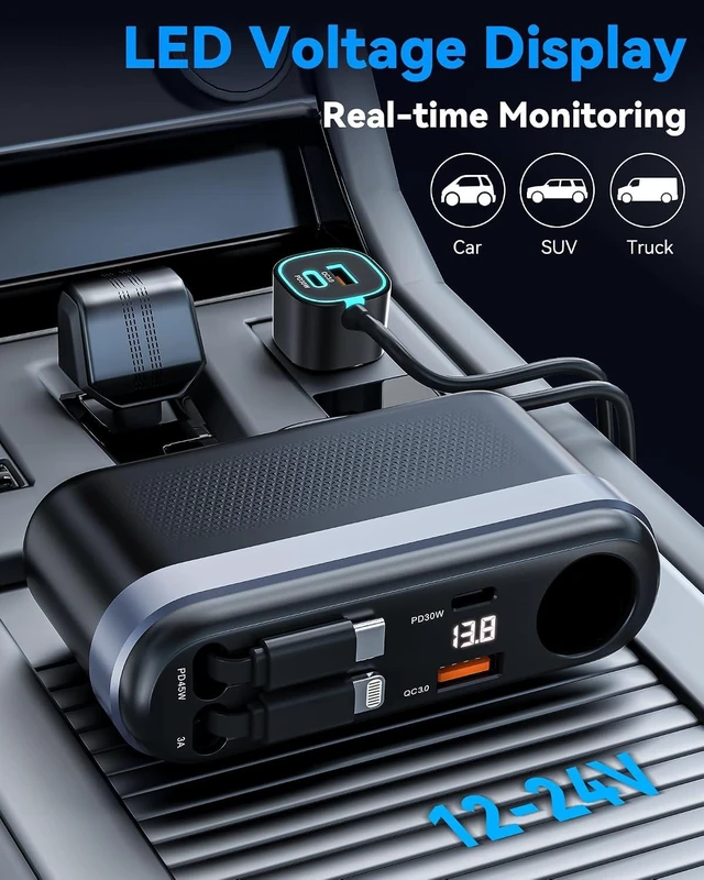 Alt view image 7 of 7 - 7-in-1 295W Retractable Car Charger Adapter Fast Charging USB C Car Accessories with Cigarette Lighter Splitter 45W Type-C & 30W Lightning Cables 4 USB Ports Road Trip Tech Gifts for Men/Dad