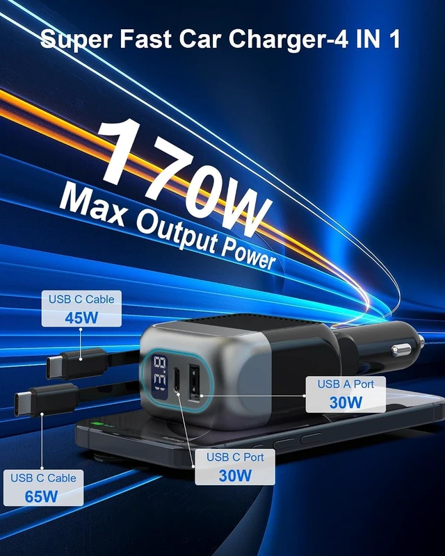 Alt view image 3 of 7 - 170W Dual USB C Retractable Car Charger 4-in-1 Fast Charging Car Adapter