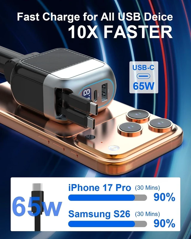 Alt view image 4 of 7 - 170W Dual USB C Retractable Car Charger 4-in-1 Fast Charging Car Adapter