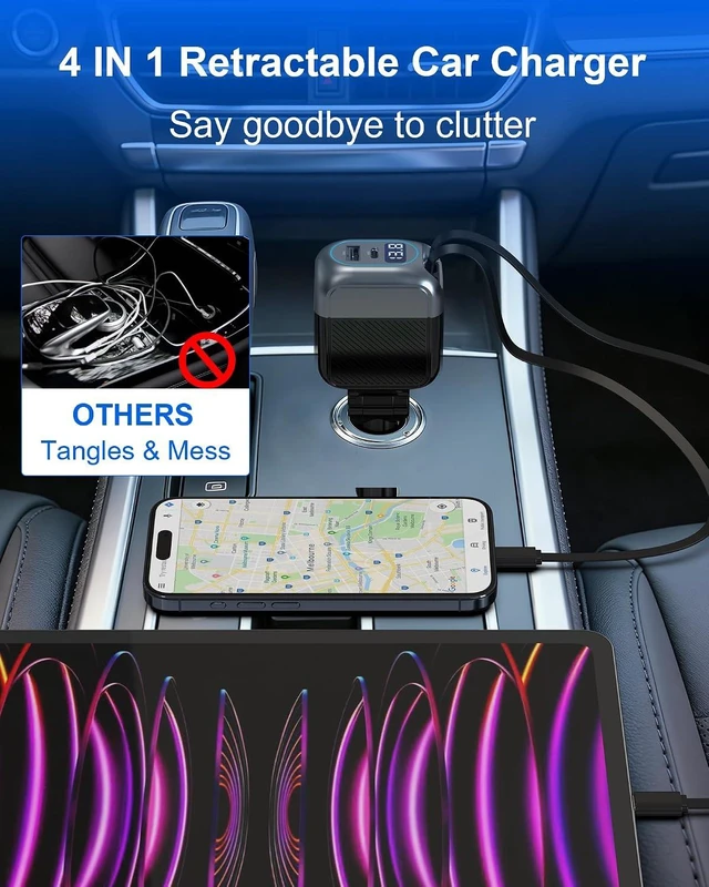 Alt view image 5 of 7 - 170W Dual USB C Retractable Car Charger 4-in-1 Fast Charging Car Adapter