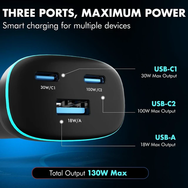 Alt view image 4 of 7 - PD 130W Superfast Charging 2.0 Car Charger with 2XType C & USB-A PPS & QC 3.0 Triple Port (100W + 30W + 18W) 12V24V Compatible Multi-Layer Protection 2-Years Manufacturer Warranty