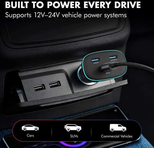 Alt view image 6 of 7 - PD 130W Superfast Charging 2.0 Car Charger with 2XType C & USB-A PPS & QC 3.0 Triple Port (100W + 30W + 18W) 12V24V Compatible Multi-Layer Protection 2-Years Manufacturer Warranty