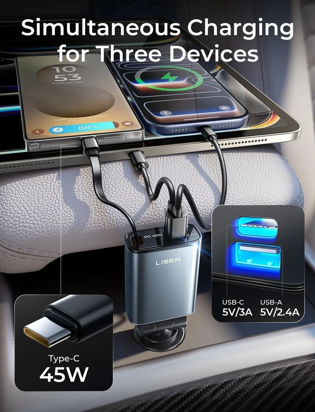 Alt view image 4 of 7 - 72W Retractable Car Charger Ultra-Compact USBC Fast Car Charger