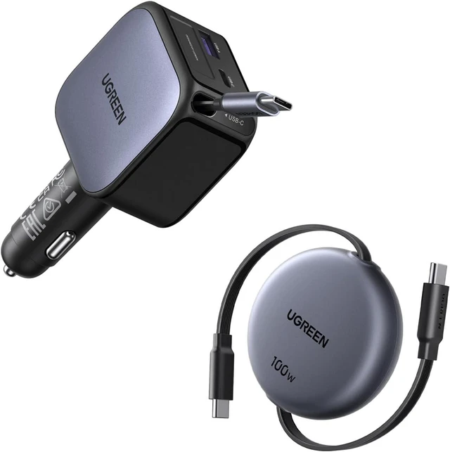 Main image of 60W 2C1A Retractable Car Charger Bundle with 100W Retractable USB C Cable