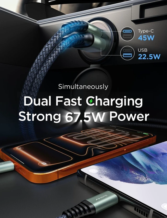 Alt view image 4 of 7 - 67.5W 12V Car Charger Cigarette Lighter USB Charger Fast Charging