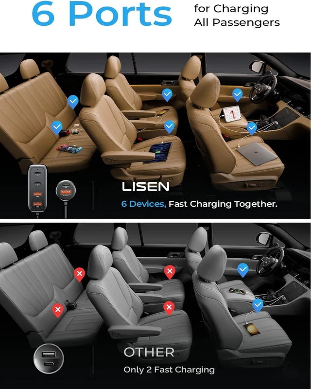 Alt view image 4 of 7 - PD&QC 108W Multiple Ports Car Charger Cigarette Lighter USB Charger