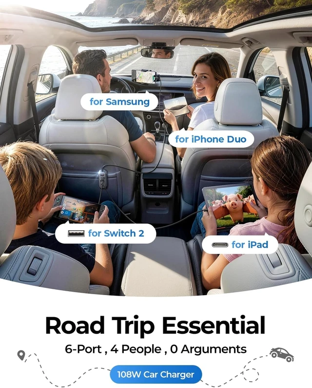 Alt view image 2 of 7 - PD&QC 108W Multiple Ports Car Charger Cigarette Lighter USB Charger