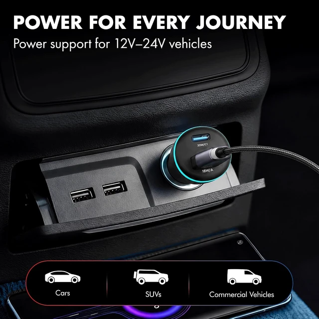 Alt view image 6 of 7 - PD 51W Superfast Charging Car Charger with Type C and USB A Power Delivery PPS & QC 3.0 Dual Port (33W + 18W) 12V24V Compatible Multi-Layer Protection 2-Years Manufacturer Warranty
