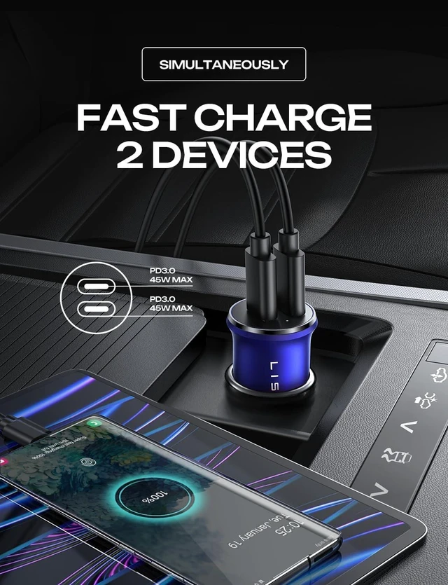 Alt view image 4 of 7 - 90W USB C Car Charger USB C Fast Charge PD3.0 Fast Car Charger Blue