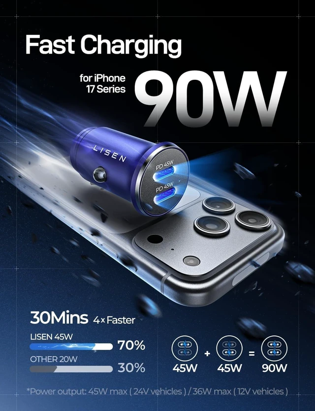Alt view image 2 of 7 - 90W USB C Car Charger USB C Fast Charge PD3.0 Fast Car Charger Blue