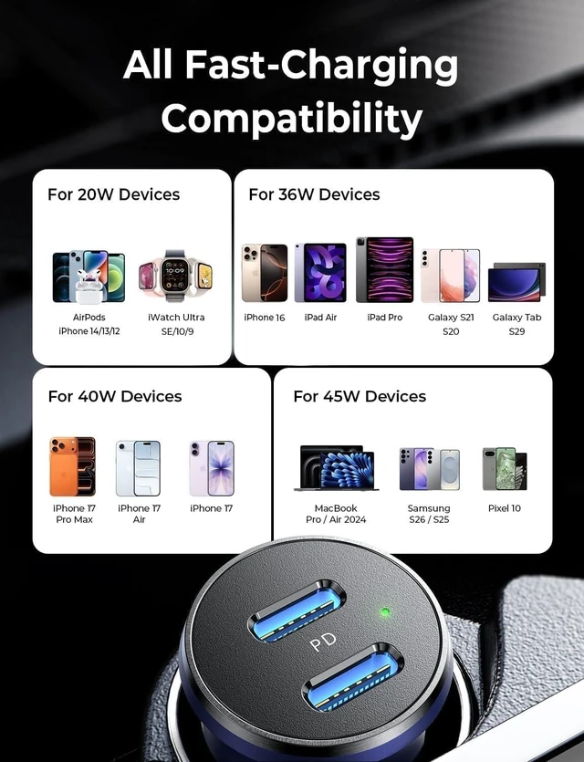 Alt view image 5 of 7 - 90W USB C Car Charger USB C Fast Charge PD3.0 Fast Car Charger Blue